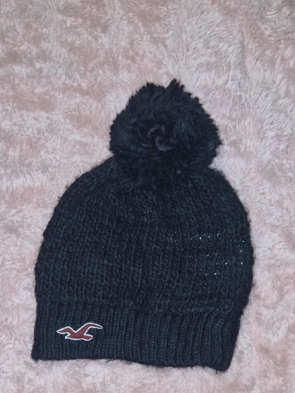 Hollister Black Knit Pom Beanie with Logo